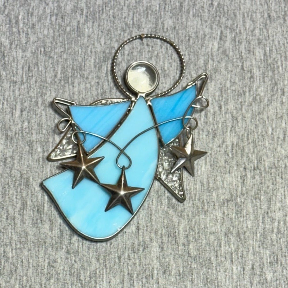 Stained Glass Angel Ornament Suncatcher Blue Marbled with Dangling Stars 4.5"